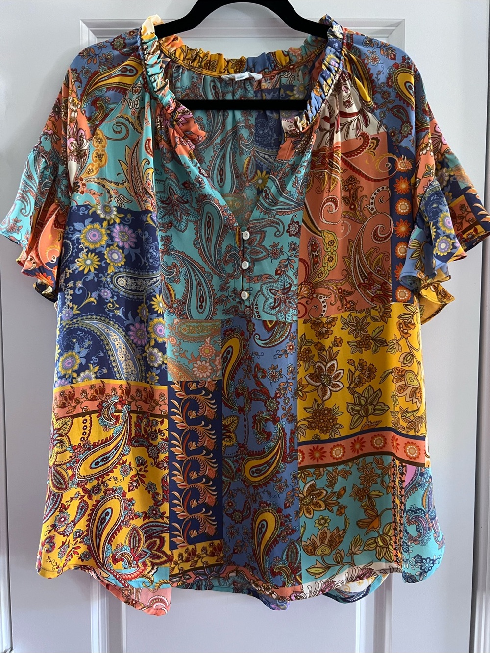 Multicolor Paisley Floral Print Top — Teal, Yellow, Coral